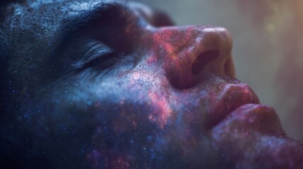 Person gazing peacefully with cosmic patterns reflecting on their face, symbolizing a connection to the universe and inner thoughts