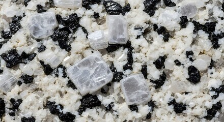 Close-up view of a granular rock with white, black, and translucent crystalline minerals.