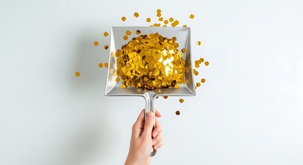 A hand holding a silver dustpan filled with a pile of shiny golden glitter against a white background.