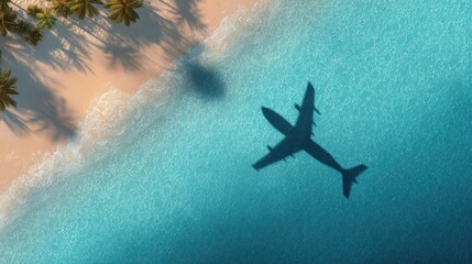 Airplane casts shadow over clear tropical water near palm trees on a sunny day