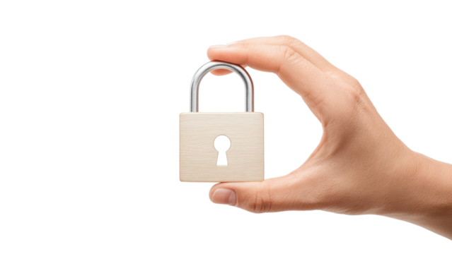 Hand holding a Padlock on white. Security concept.