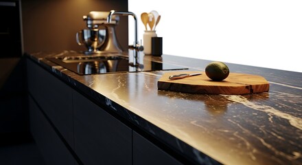 Close-up of a kitchen countertop with a cutting board and lime.