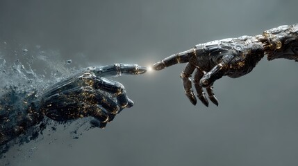 Creative interaction between a human-like robotic hand and a digital hand reaching towards a glowing spark in a futuristic setting
