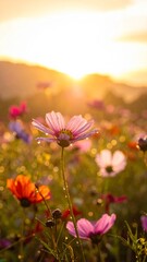Fototapeta premium Pink cosmos flowers bloom beautifully in a summer garden field, showcasing nature's vibrant floral color and beauty