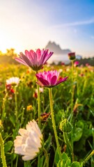 Obraz premium Pink cosmos flowers bloom beautifully in a summer garden field, showcasing nature's vibrant floral color and beauty
