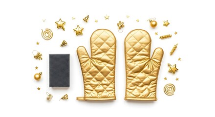 Golden oven mitts and festive Christmas decorations arranged on a white background.