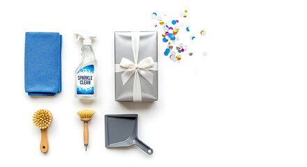 A top-down view of cleaning supplies and a wrapped gift on a white surface.