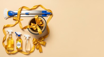 Cleaning supplies gift set with yellow ribbon on beige background.