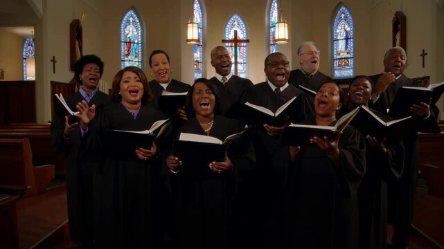 Gospel choir singing with passionate expression in church