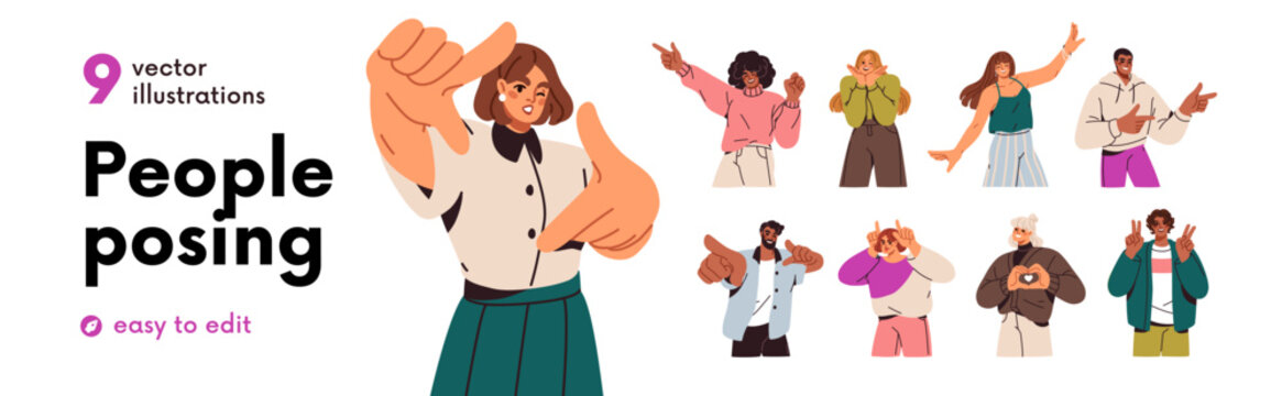 Happy men and women posing for photo portraits set. People in stances playing positive emotions, showing hand gestures, face expressions. Flat graphic vector illustrations isolated on white background