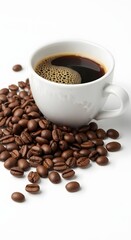 Freshly brewed cup of coffee surrounded by roasted coffee beans on a clean white background, symbolizing aroma, warmth, and morning energy