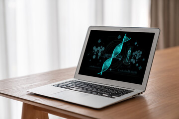 Fototapeta premium Medical science technology and futuristic healthcare virtual computer software analyze human health and diagnose disease for doctor data and medical research. brisk