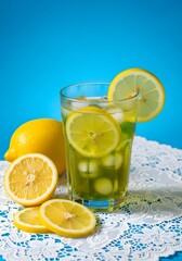 Refreshing green lemon tea with fresh lemon fruit on a blue background and tablecloth, symbolizing relaxation, freshness, and healthy living