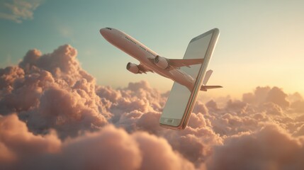 Airplane emerging from smartphone as clouds surround at sunset, showcasing technology and travel in harmony