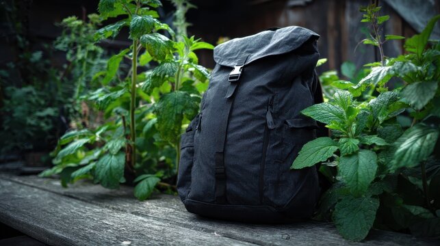 Backpack resting on wooden bench surrounded by lush green plants in a tranquil outdoor setting