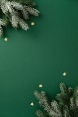 Vertical Christmas background with frosted pine branches in corners, golden stars scattered on...