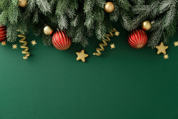 Christmas green background with snow-covered evergreen branches, red and gold baubles, golden stars and spirals. Classic Christmas greeting card design.