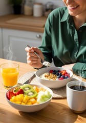Person enjoying a healthy breakfast with fresh fruit and creamy yogurt served in assorted bowls, symbolizing wellness and balanced nutrition