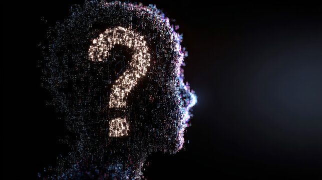 Digital silhouette of a human head with a question mark made of glowing particles against a dark background representing curiosity and uncertainty