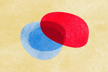 Abstract minimalist overlapping red and blue shapes on yellow background