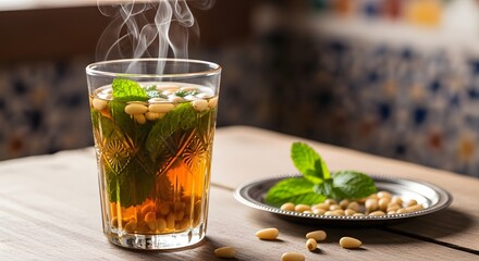Traditional Arab mint tea with pine nuts, known as At-Tay, served in a decorative glass, symbolizing warmth, hospitality, and cultural heritage