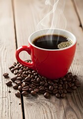 Red cup of freshly brewed coffee with scattered beans on rustic wooden texture, symbolizing warmth, aroma, and cozy morning moments