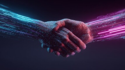 Digital handshaking symbolizing cooperation and connection in a virtual world of technology and innovation