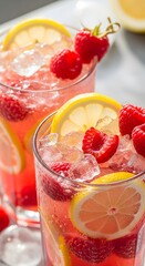 Refreshing homemade raspberry lemon cocktail with sparkling water and crushed ice served in glasses, capturing vibrant summer freshness and flavor