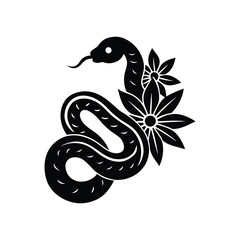 Fototapeta premium Coiled Snake and Flower Silhouette Tattoo Design