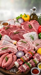 Variety of fresh raw meats arranged for barbecue preparation with ample copy space, symbolizing cooking, freshness, and outdoor grilling
