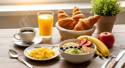 Delicious breakfast spread with coffee, orange juice, croissants, eggs, cereals, and fresh fruits, representing a healthy and balanced diet