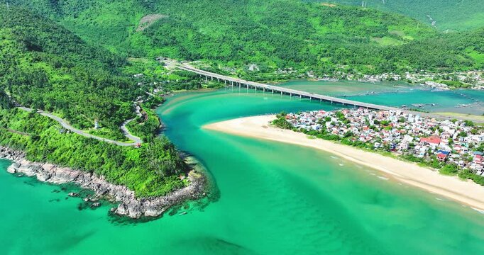 Aerial view of Lang Co bay and beach, Hai Van pass, Lap An lagoon, Hue, Vietnam. Travel and landscape concpet.