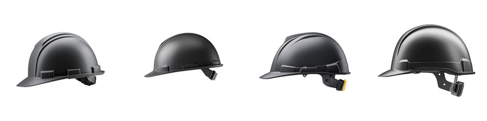Four black safety helmets in a row, different styles and angles on white background, work safety equipment, construction and industrial protection