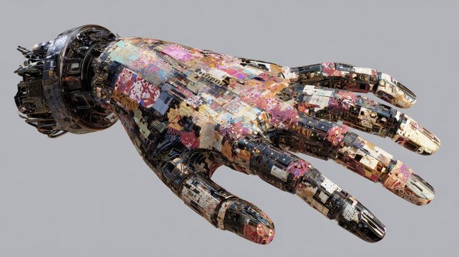 Futuristic robotic hand designed with intricate patterns and a blend of materials showcasing technology and art in a creative display