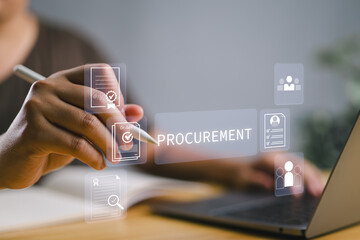 Professional analyzing procurement strategy through virtual interface, focusing on decision-making, contract management, and workflow automation in modern digital business.