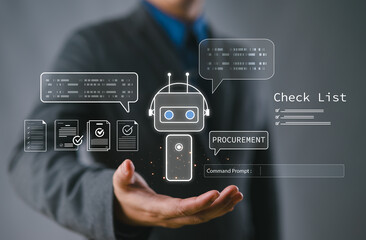 AI-powered procurement system concept with chatbot and digital invoice icons on mobile device, representing automation in B2B purchasing and mobile supply chain management solutions.