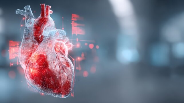 3D rendering of a human heart with digital data displayed in a modern medical environment