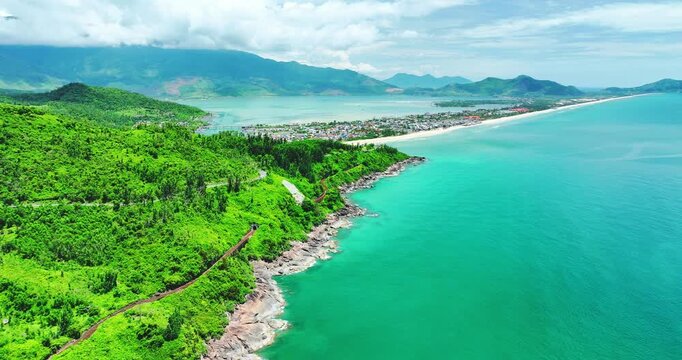 Aerial view of Lang Co bay and beach, Hai Van pass, Lap An lagoon, Hue, Vietnam. Travel and landscape concpet.