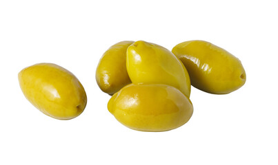 Green olives forming appetizer pile with transparent background