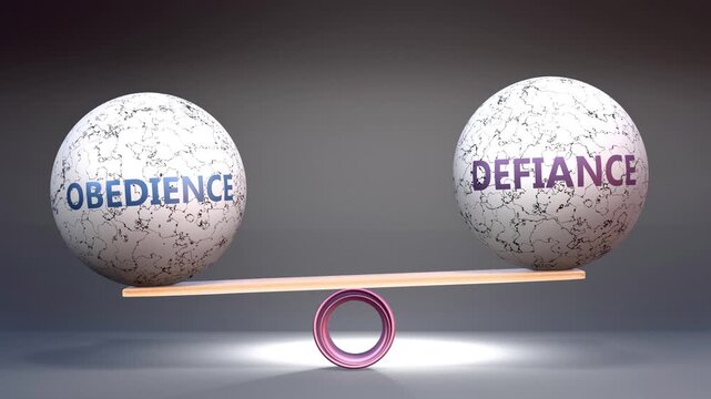 Obedience and defiance in balance - balancing stones on a scale symbolizing harmony, equity and equilibrium between obedience and defiance. Harmonious and beneficial situation.