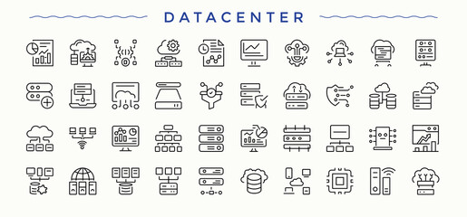 Data Center icon set. Pictograms of analytics, cloud data, hosting, storage, host, computing and more. Set of line pictogram. Vector illustration in modern line style. Data Center modern icon set.