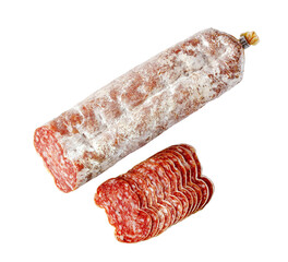 Salami sausage with slices on transparent background