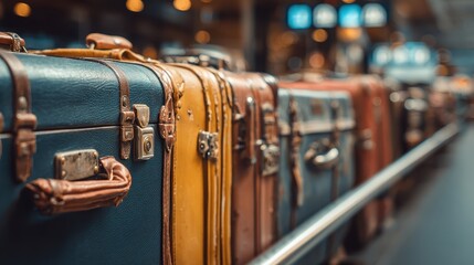 Vintage luggage lined up at a busy railway station waiting for passengers in the afternoon sunlight