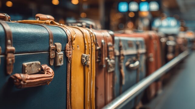 Vintage luggage lined up at a busy railway station waiting for passengers in the afternoon sunlight