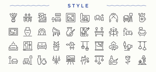 Style icon set. Minimal icons pack. Decor vector line icon set. Related to interior, desing, decoration, art, architecture and more.