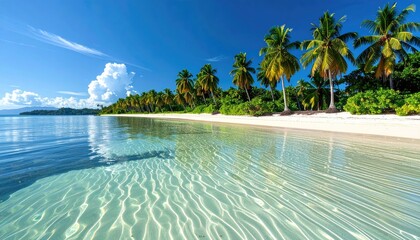 Lush tropical island beach with crystal clear turquoise water and white sand lined with vibrant green palm trees under a bright sunny blue sky.