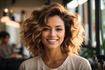 selective focus of hairdresser cutting hair of happy woman in beauty salon