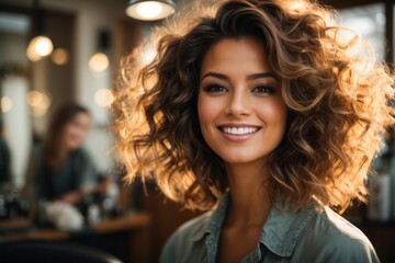 selective focus of hairdresser cutting hair of happy woman in beauty salon