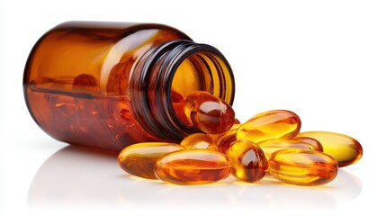 Vitamin D capsules in small amber glass bottle isolated on white background for supplement catalog