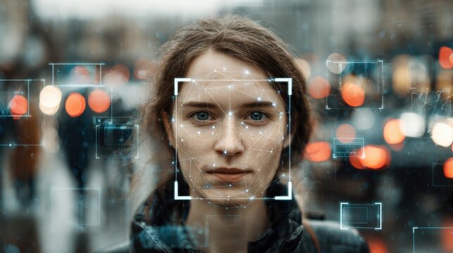 Urban scene with woman in focus as digital facial recognition technology captures her image in busy street at dusk